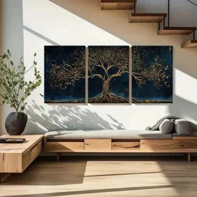 3pcs Golden Tree of Life Intricate Branch Wall Art Set Canvas Framed 40x60cm - High Quality Print 100% Australian Made Wall Canvas Ready to Hang