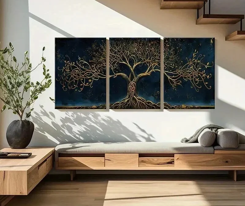 3pcs Golden Tree of Life Intricate Branch Wall Art Set Canvas Framed 40x60cm – High Quality Print 100% Australian Made Wall Canvas Ready to Hang